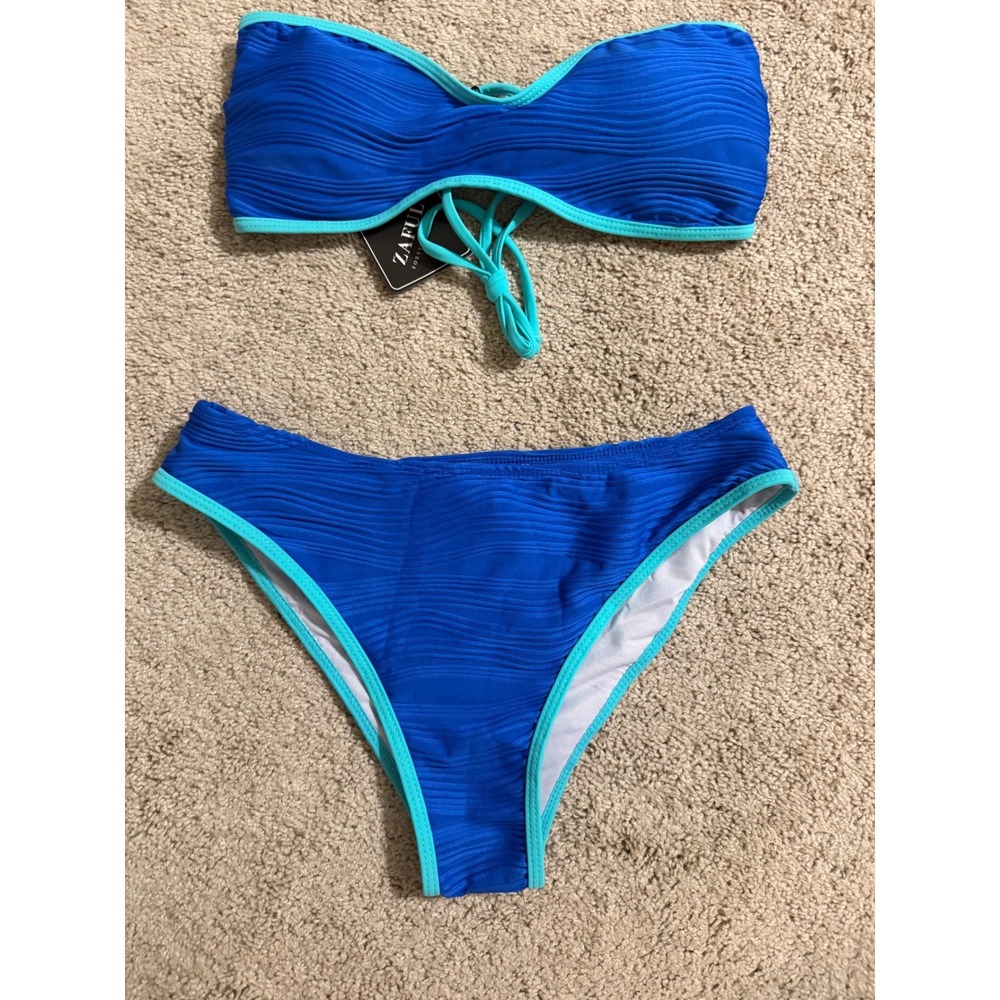 Zaful Blue Wavy Textured Bandeau Bikini Set Contrast Trim Lace Up Back New‎ M